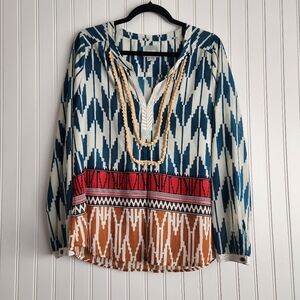ANTHROPOLOGIE MAEVE Blue Red Abstract Print Pom Pom Blouse Top 10